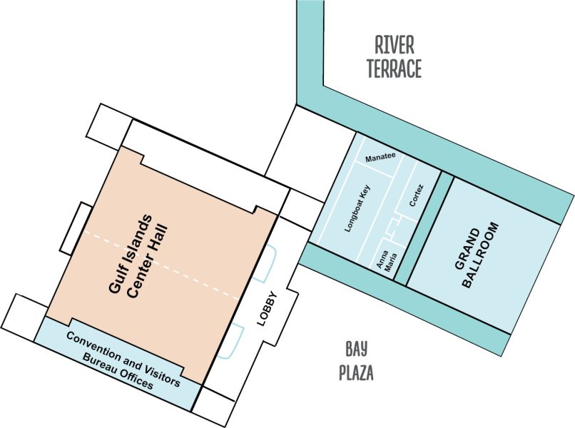 Convention Center An overhead diagram depicts the floorplan for the Bradenton Area Convention Center and Gulf Island Center Hall, connected to the Marriott Palmetto Resort & Spa by a climate-controlled corridor.