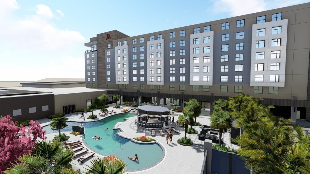 Convention Center An active pool deck of the Marriott Palmetto Resort & Spa, connected to the Bradenton Area Convention Center by a climate-controlled corridor, is seen on a beautiful sunny day.