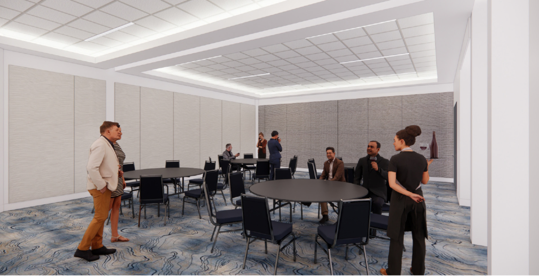 Convention Center A rendered image of a meeting room is filled with round black tables and chairs with a few people chatting amongst them, depicting the incredible renovations made to the Bradenton Area Convention Center in Florida's Gulf Coast.