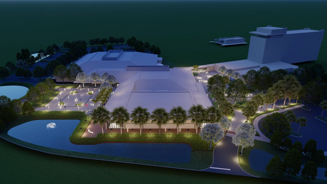 Convention Center A rendered aerial image of the newly renovated Bradenton Area Convention Center in Florida's Gulf Coast showcases the reimagined exterior, convenient access to the new Marriott Palmetto Resort and Spa, and lush landscapes that surround the venue.